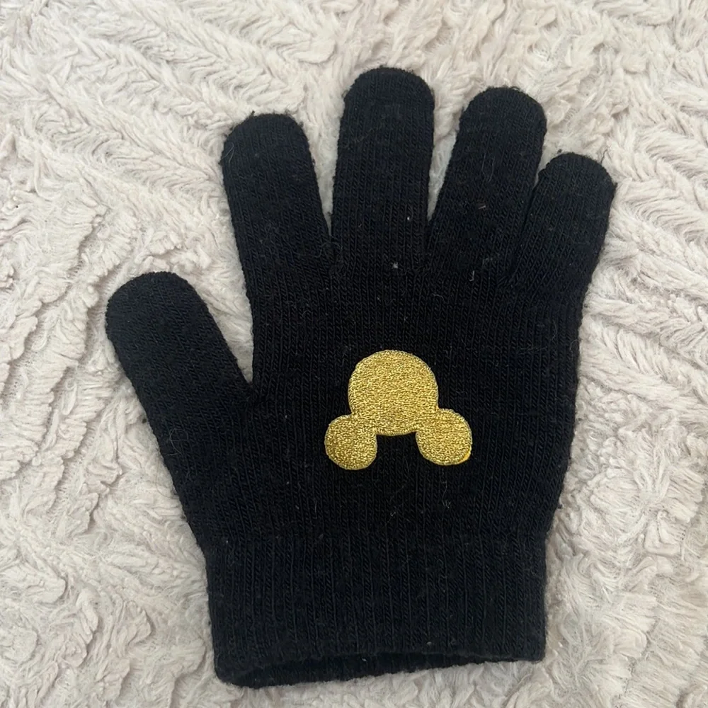 Black stretch knit gloves with gold color embroidered Mickey Mouse One size
